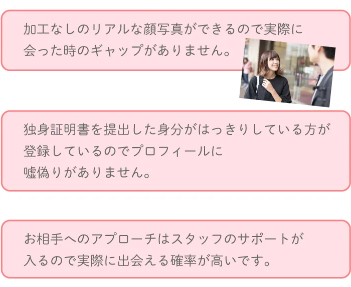 加工なしのリアルな顔写真ができるので実際に会った時のギャップがありません。独身証明書を提出した身分がはっきりしている方が登録しているのでプロフィールに嘘偽りがありません。お相手へのアプローチはスタッフのサポートが入るので実際に出会える確率が高いです。
